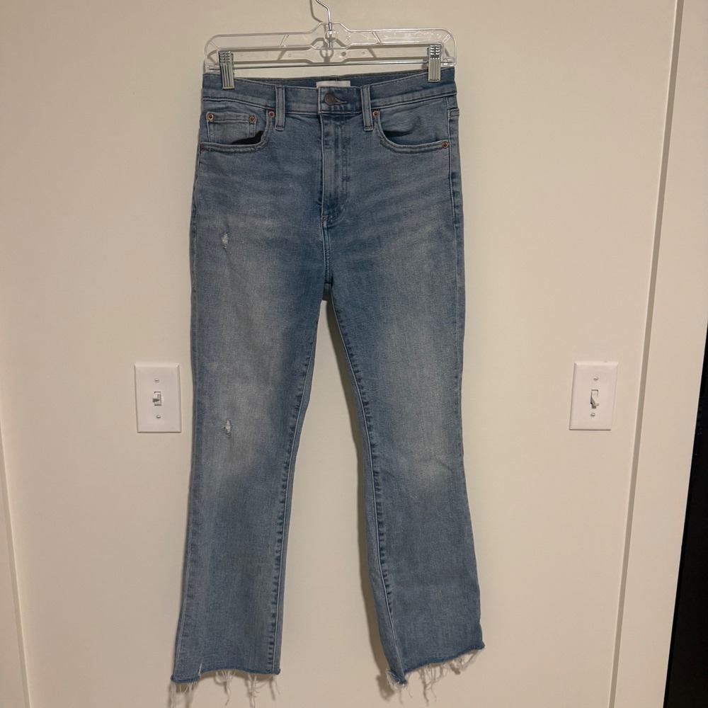 Pistola High Rise Flare Jeans Medium Wash Raw Hem Stretch‎ Denim Blue Size 27